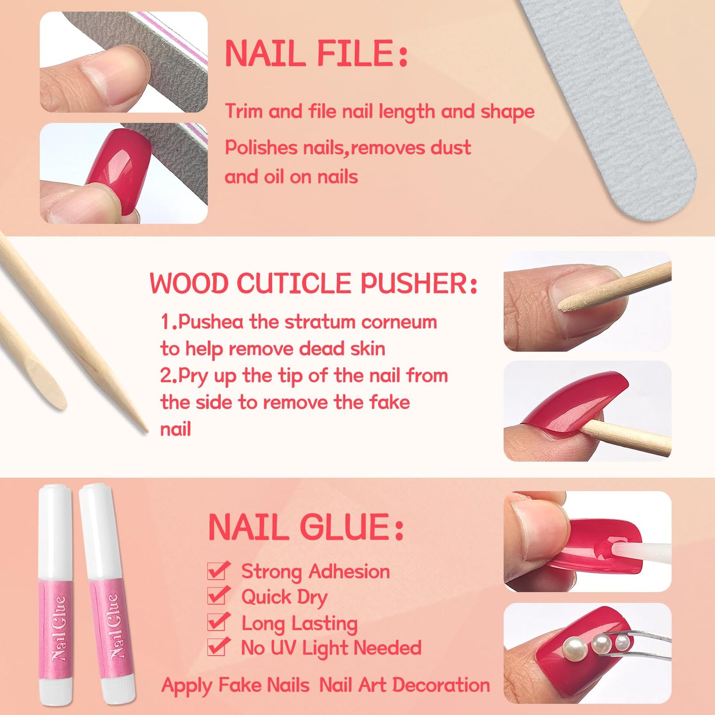 Lifextol Coffin Press-On Nails Long Length – 576pc Kit, 24 Colors, Glue & Tabs