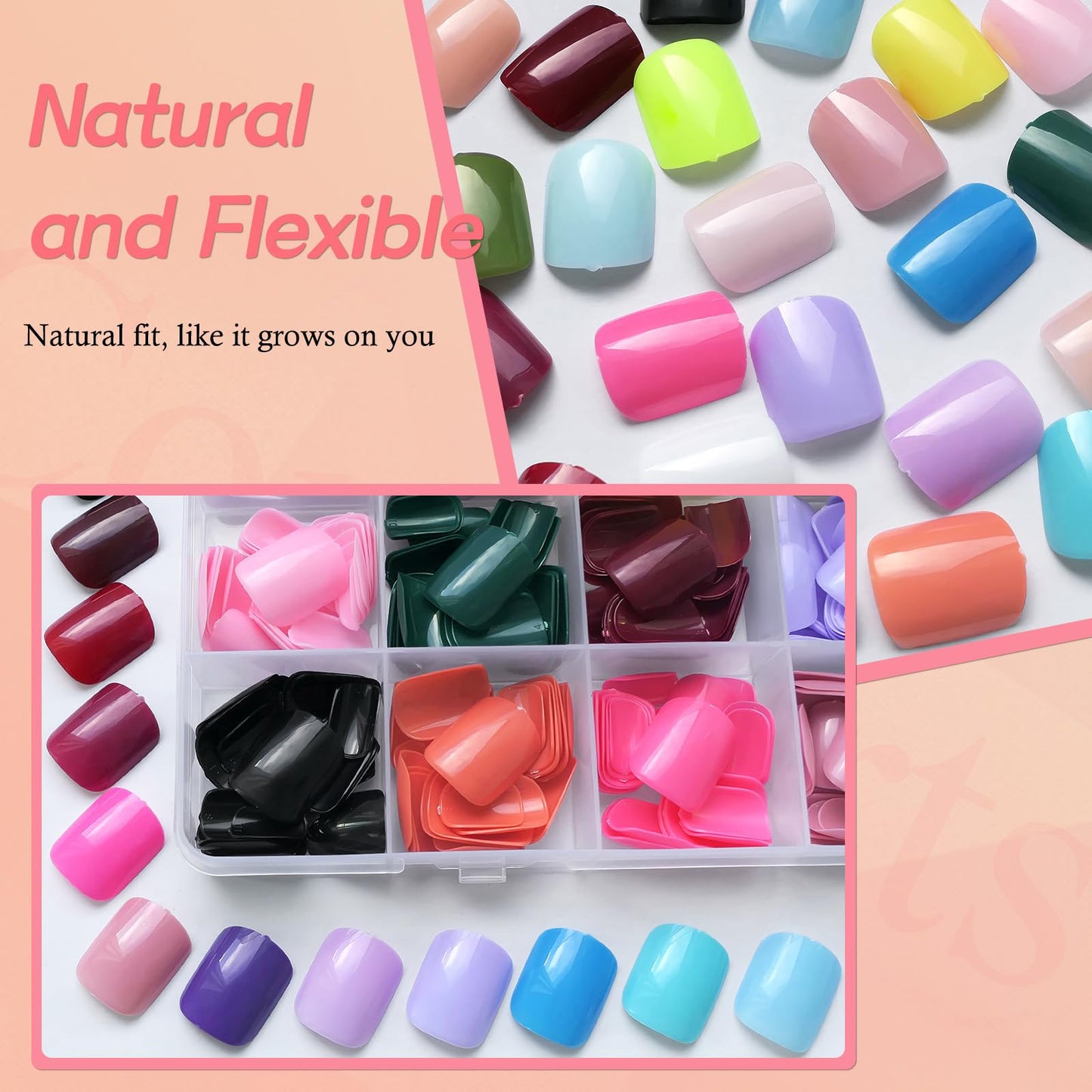 Lifextol 576pc Square Press-On Nails – Short Glossy Fake Nails, 12 Sizes, 24 Styles with Adhesive Tabs