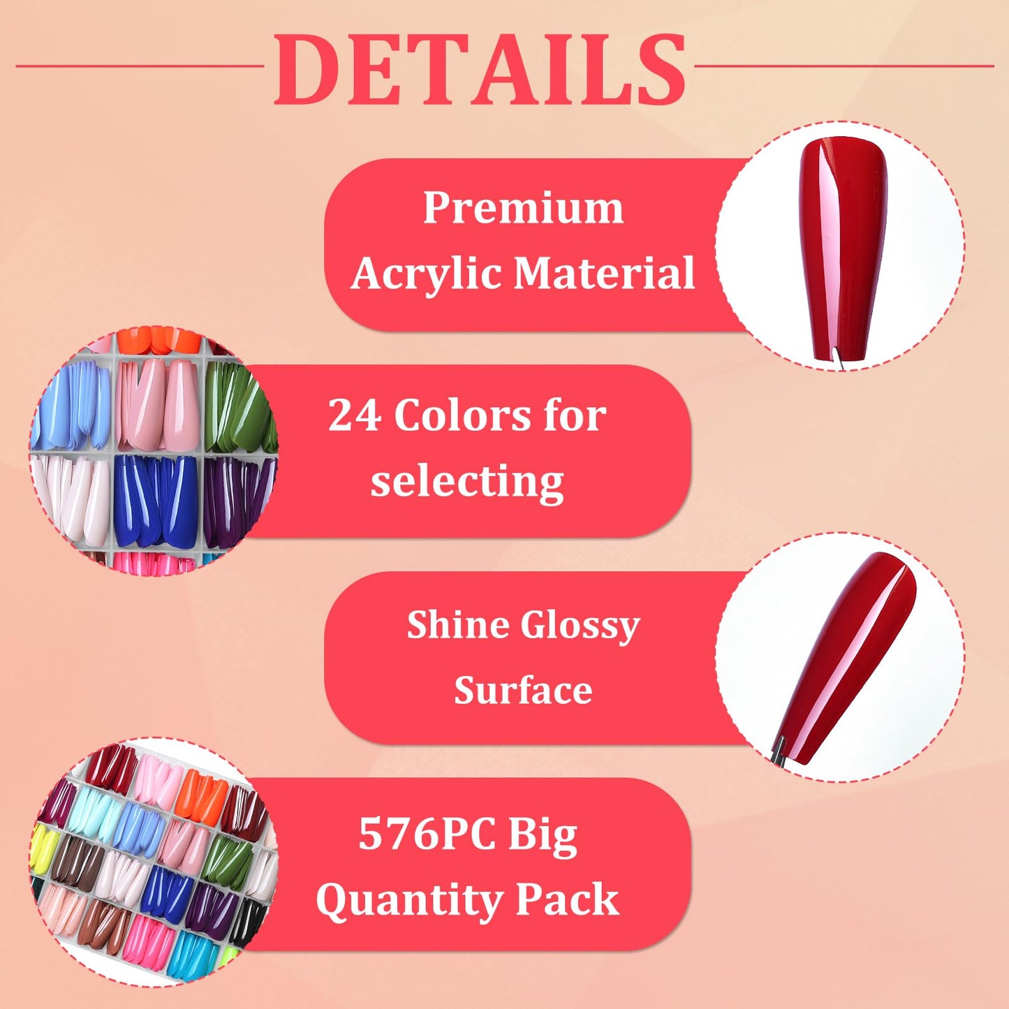 Lifextol Coffin Press-On Nails Long Length – 576pc Kit, 24 Colors, Glue & Tabs