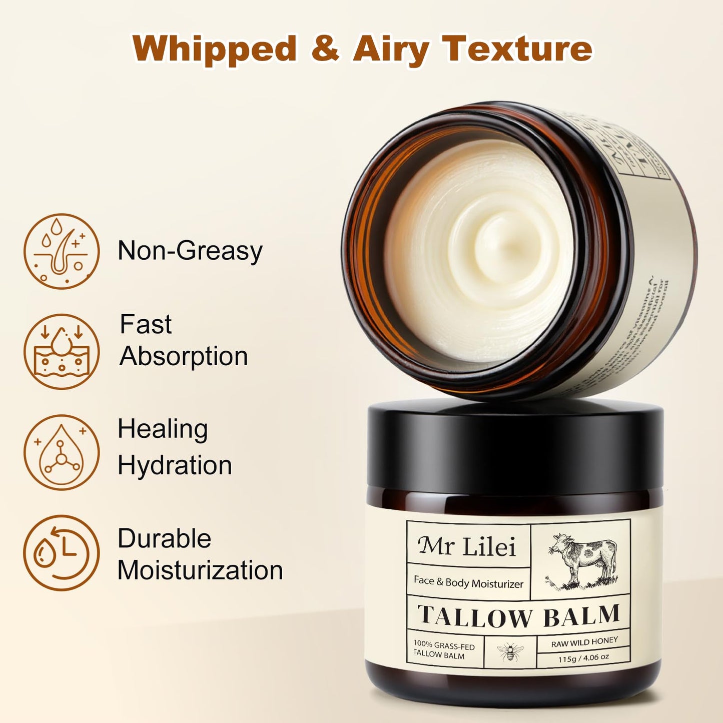 Lilei Beauty Beef Tallow Balm – Grass-Fed Skin Moisturizer with Honey & Olive Oil