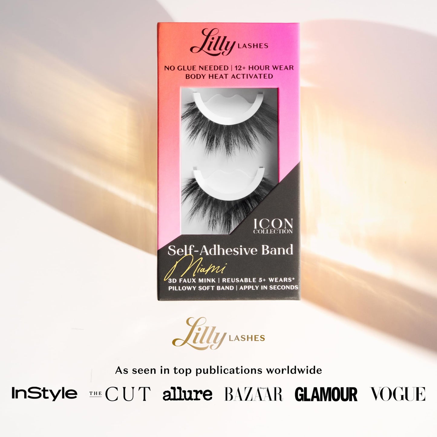 Lilly Lashes Self Adhesive Band 3D Faux Mink Eyelashes – No Glue Needed, Body Heat Activated, Reusable Up to 5x (Miami)