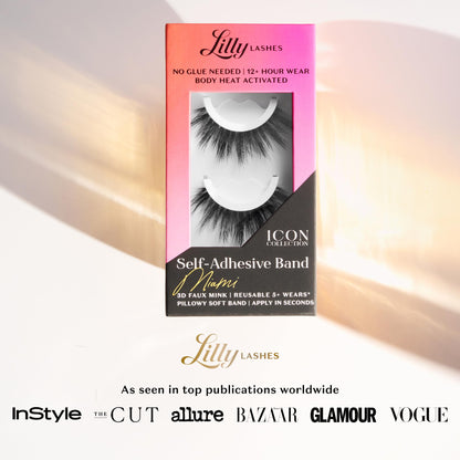 Lilly Lashes Self Adhesive Band 3D Faux Mink Eyelashes – No Glue Needed, Body Heat Activated, Reusable Up to 5x (Miami)