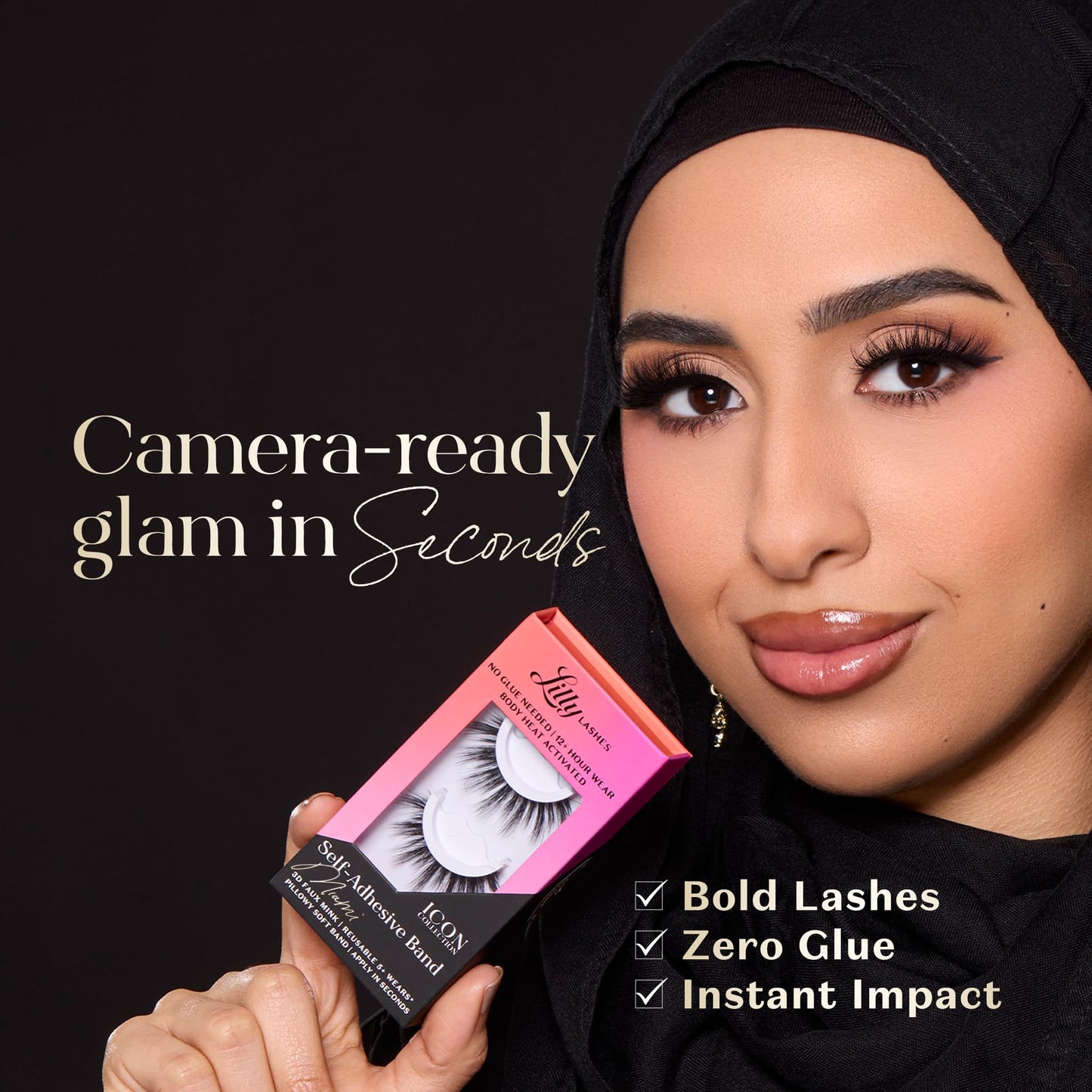 Lilly Lashes Self Adhesive Band 3D Faux Mink Eyelashes – No Glue Needed, Body Heat Activated, Reusable Up to 5x (Miami)