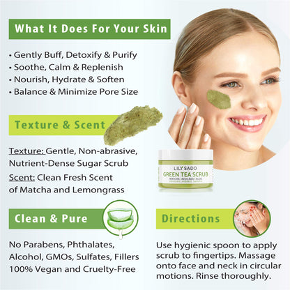 LILY SADO MATCHA Made in Heaven™ Sugar Facial Scrub – Vegan Exfoliating Cleanser for All Skin Types | 4 oz
