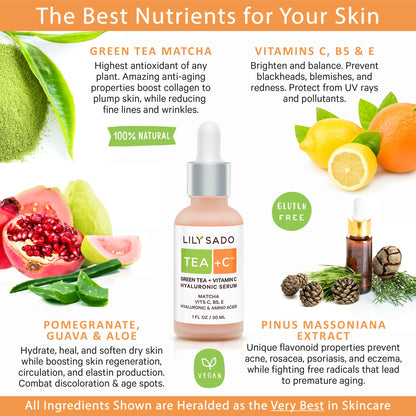 LILY SADO Tea+C Green Tea + Vitamin C Serum – Natural Vegan Antioxidant Facial Serum