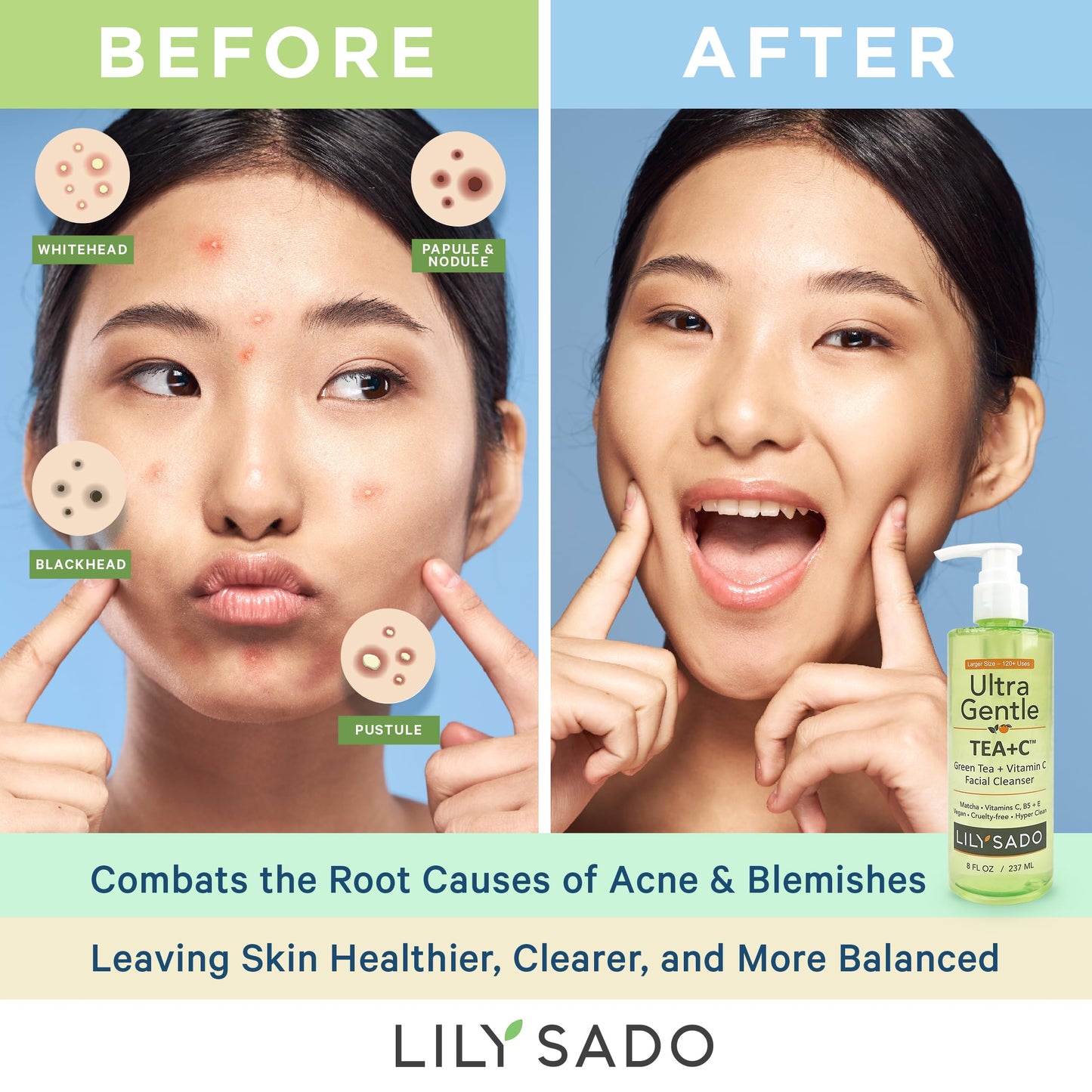 LILY SADO TEA+C Green Tea & Vitamin C Face Cleanser – Gentle Daily Vegan Facial Wash (8 oz)