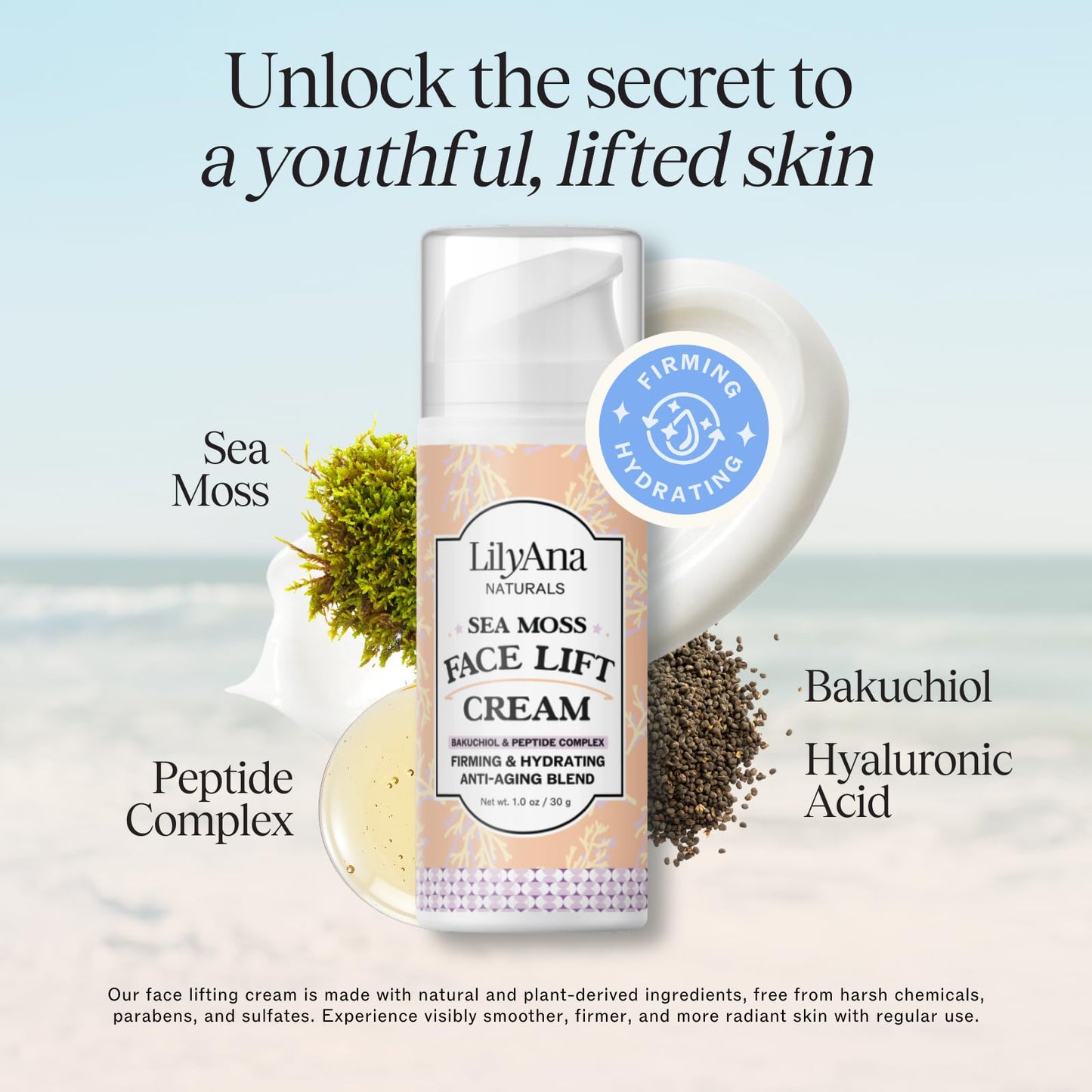 LilyAna Naturals Bakuchiol Face Lift Cream with Sea Moss & Peptide Complex – Hydrating Night Cream (1 oz) – Made in USA