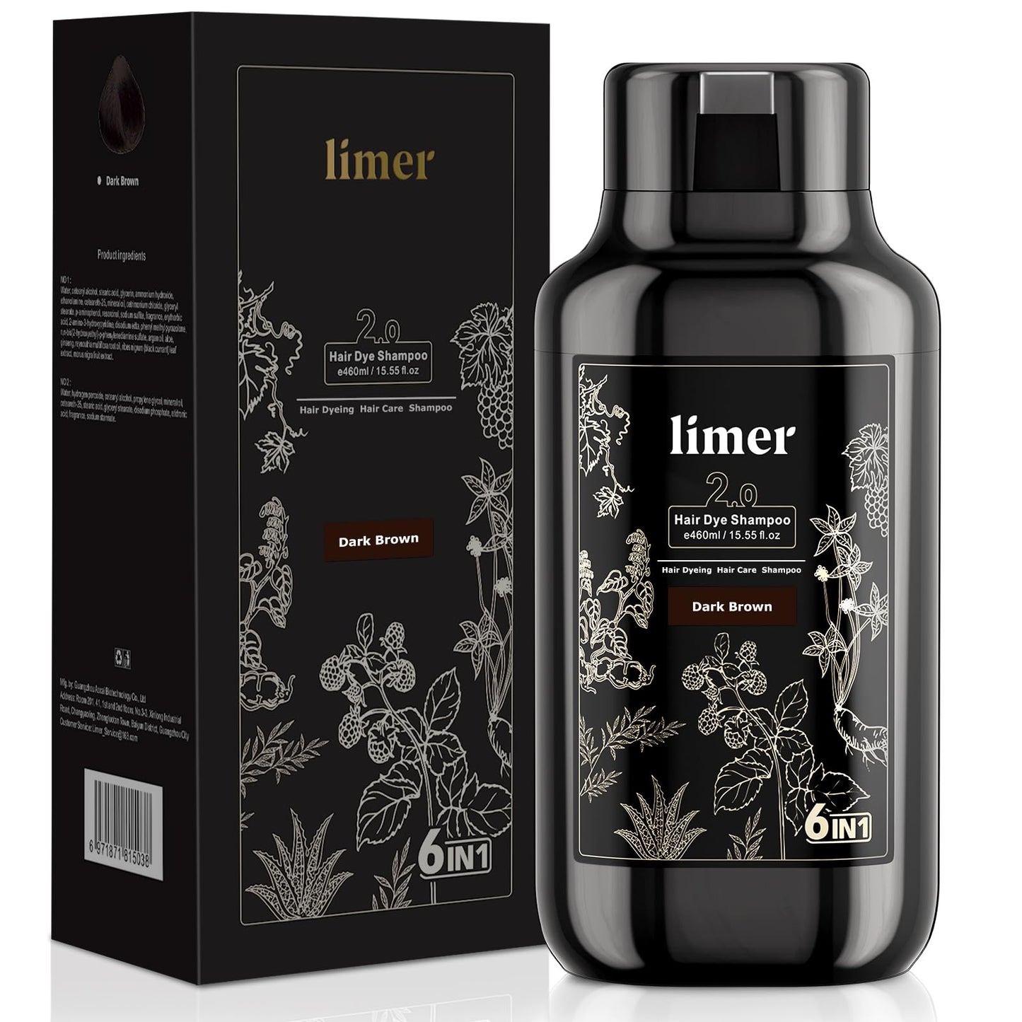 Limer Hair Dye Shampoo Dark Brown – 6-in-1 Herbal Color, Ammonia-Free, Semi-Permanent Gray Coverage (460ml)