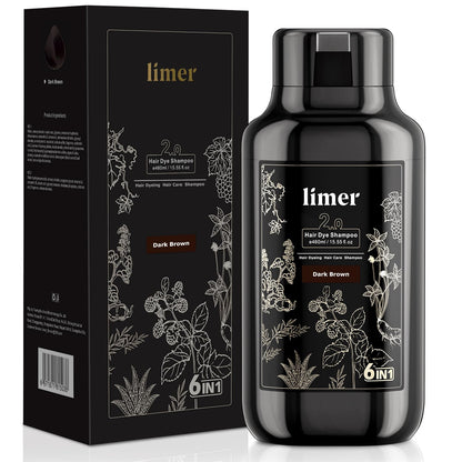 Limer Hair Dye Shampoo Dark Brown – 6-in-1 Herbal Color, Ammonia-Free, Semi-Permanent Gray Coverage (460ml)
