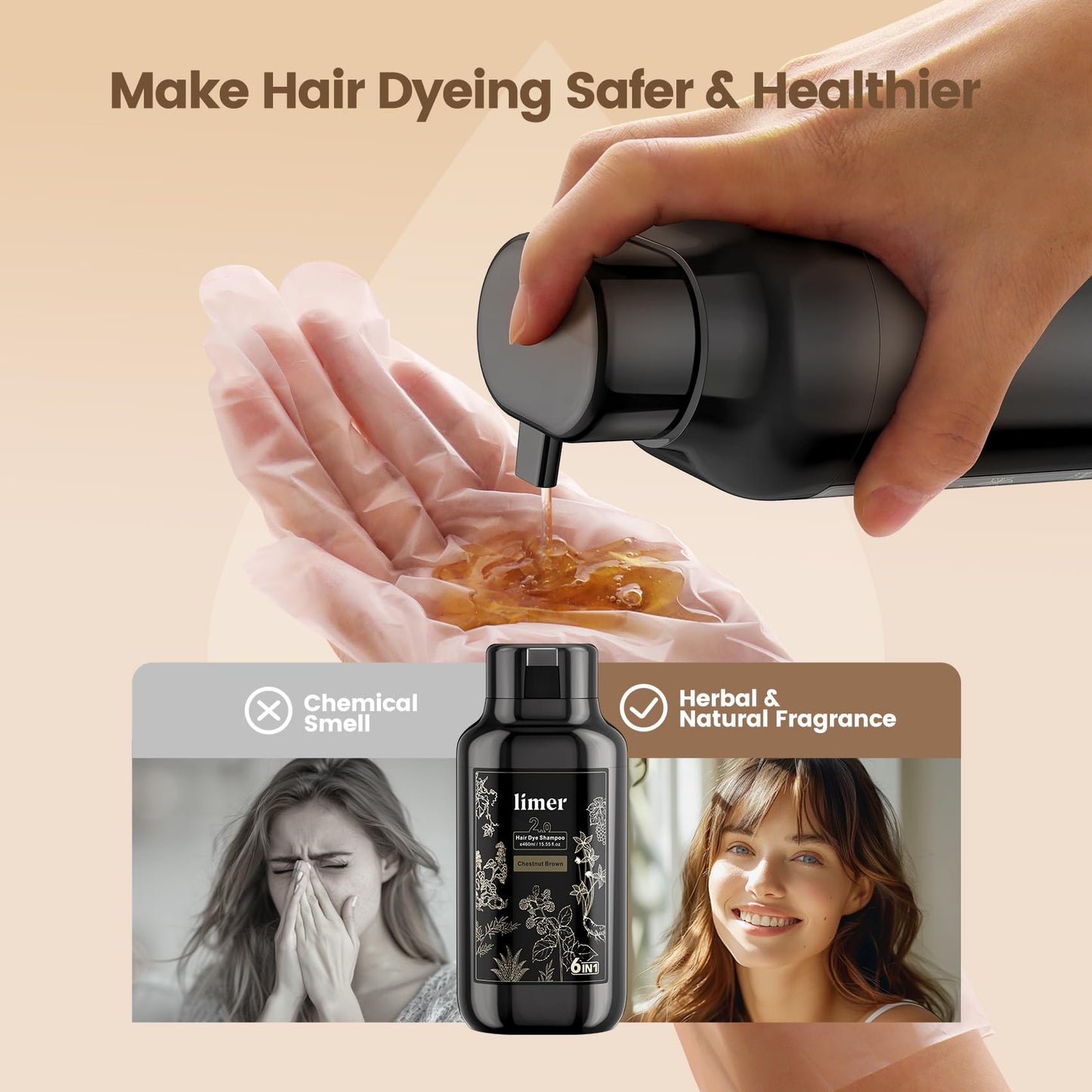 Limer Hair Dye Shampoo Deep Honey Brown – 6 in 1 Gray Coverage, Herbal Semi-Permanent
