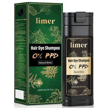 Limer Hair Dye Shampoo Natural Black Color — PPD-Free & Ammonia-Free, 6-in-1 Herbal Formula