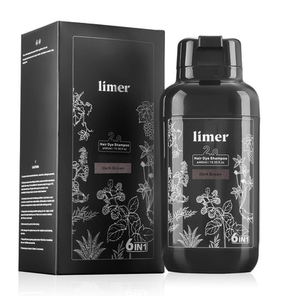 Limer Hair Dye Shampoo Dark Brown – 6-in-1 Herbal Color, Ammonia-Free, Semi-Permanent Gray Coverage (460ml)