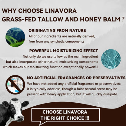 Linavora Tallow and Honey Balm – Natural Moisturizer with Grass-Fed Tallow, Honey & Vitamin E (Unscented) 4oz