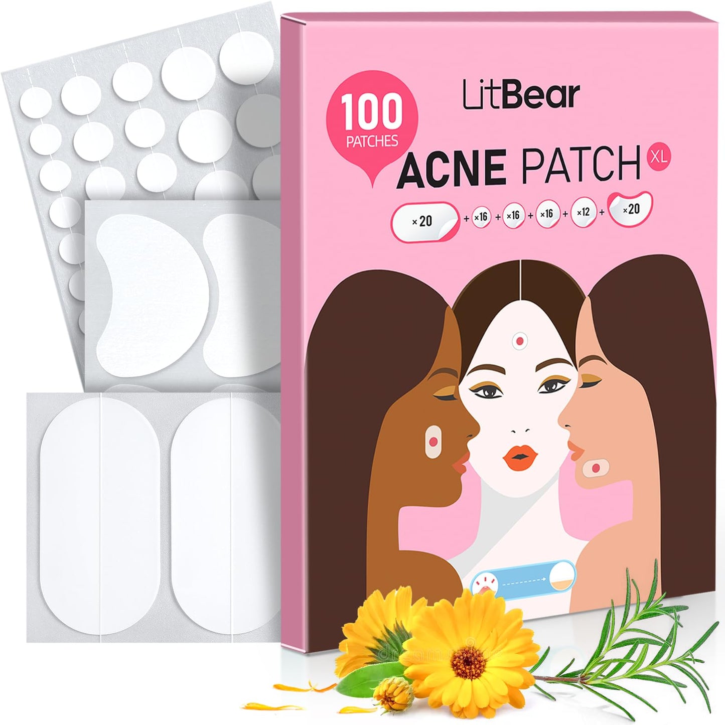 LitBear Large Acne Pimple Patches – 100 Patches, 6 Sizes, Tea Tree & Calendula, Hydrocolloid for Face & Body