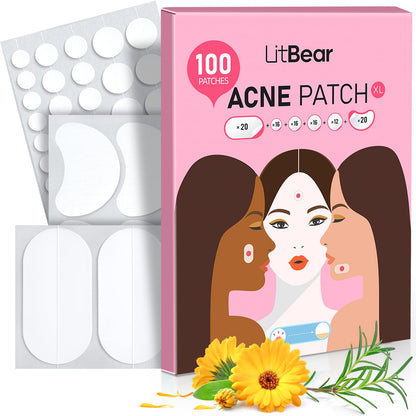 LitBear Large Acne Pimple Patches – 100 Patches, 6 Sizes, Tea Tree & Calendula, Hydrocolloid for Face & Body