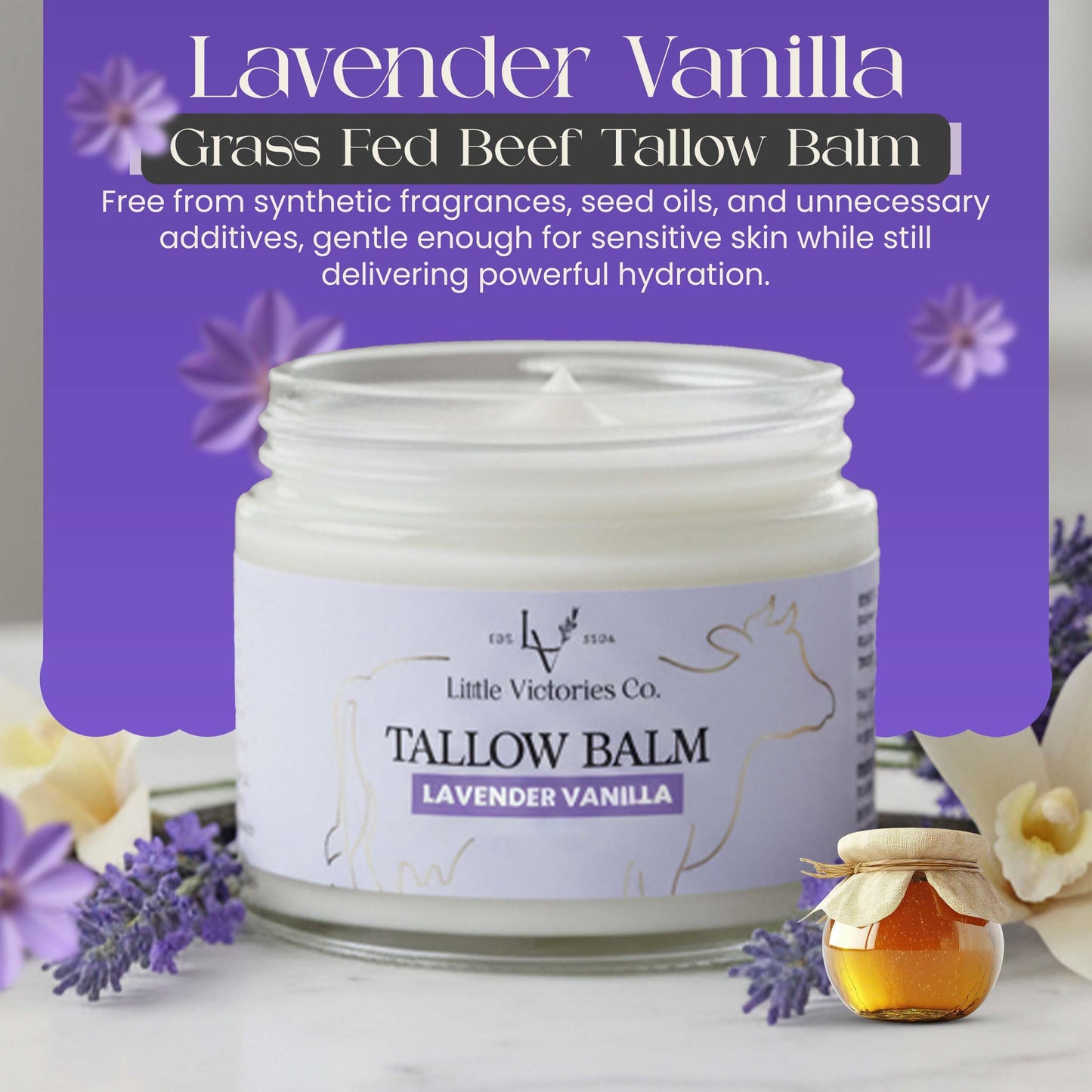 Little Victories Co. 2.0 fl oz Grass-Fed Beef Tallow & Honey Balm – Lavender Vanilla Skin Moisturizer