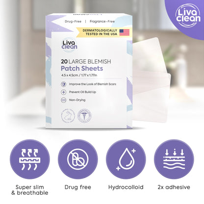 LivaClean 20CT Large Hydrocolloid Acne Patches – XL Pimple Patches for Nose & Face