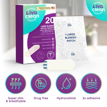LivaClean Large Hydrocolloid Acne Patches – 20 Patches per Pack, Pack of 2