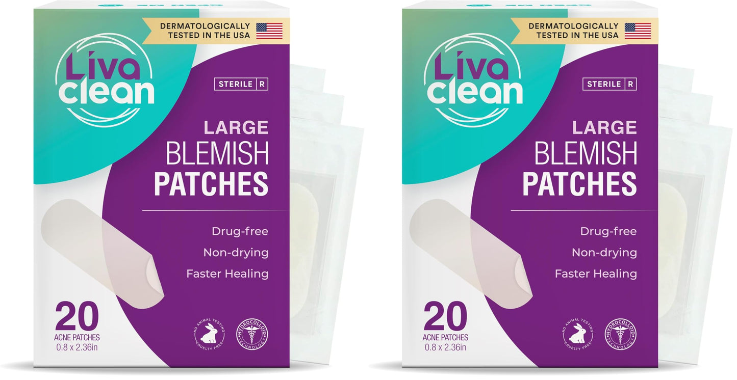 LivaClean Large Hydrocolloid Acne Patches – 20 Patches per Pack, Pack of 2