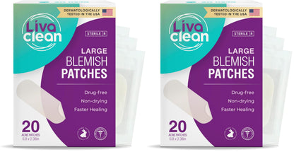 LivaClean Large Hydrocolloid Acne Patches – 20 Patches per Pack, Pack of 2