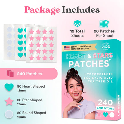 LivaClean 240-Count Heart & Star Pimple Patches with Salicylic Acid & Tea Tree Oil | Hydrocolloid Zit Patches