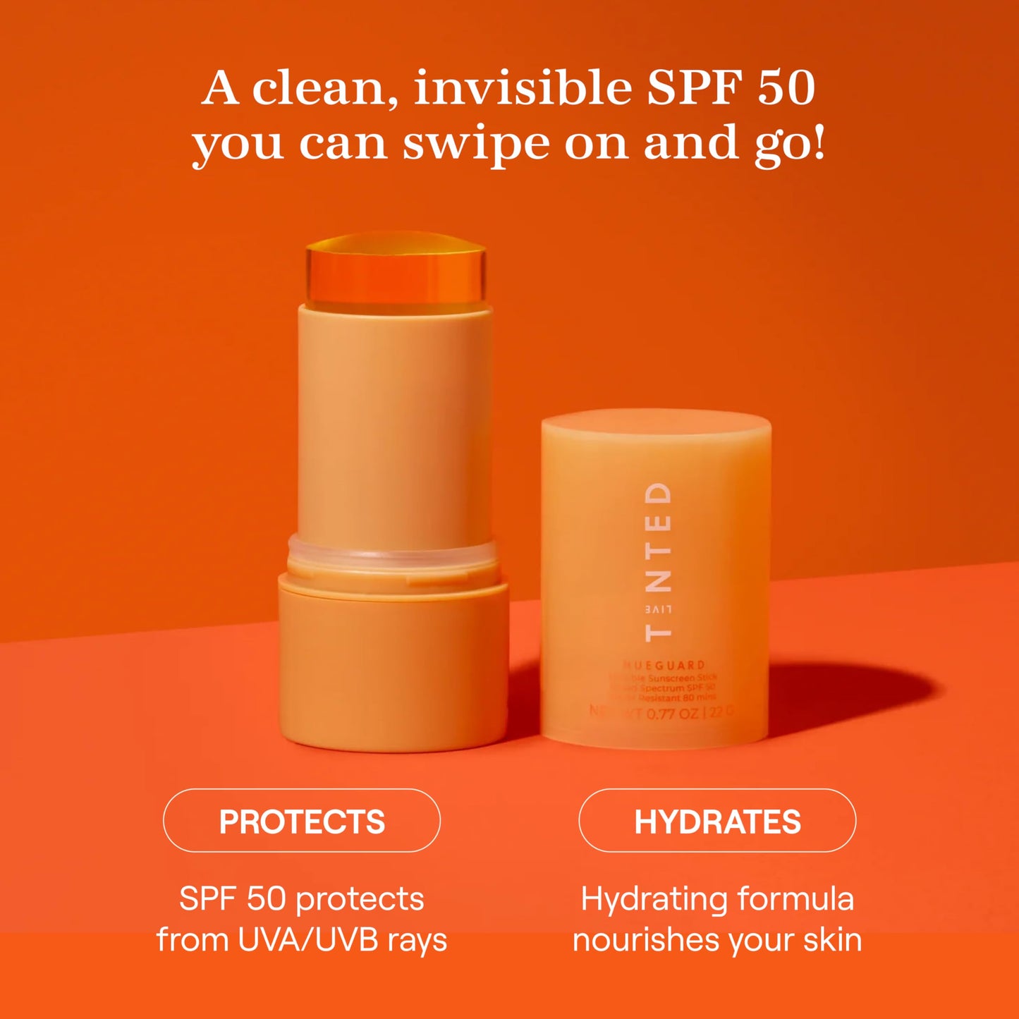Live Tinted Hueguard Invisible Sunscreen Stick SPF 50 – Waterproof, No White Cast, Reef-Friendly (0.77oz/22g)