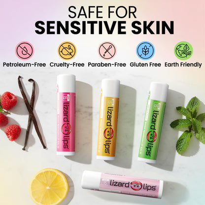 Lizard Lips Lip Balm SPF 15 – Variety Pack (4 Flavors): Vanilla, Vanilla Mint, Raspberry, Citrus