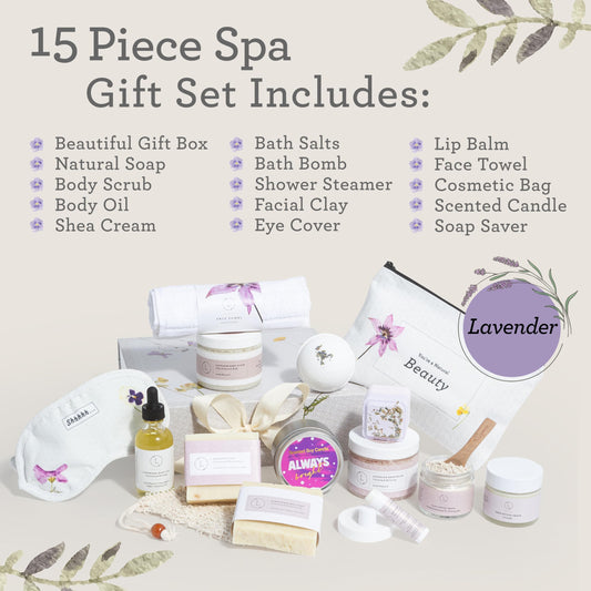 Lizush Luxury Lavender Spa Gift Set for Women – 15-Piece Body Care Kit, Handmade in the USA