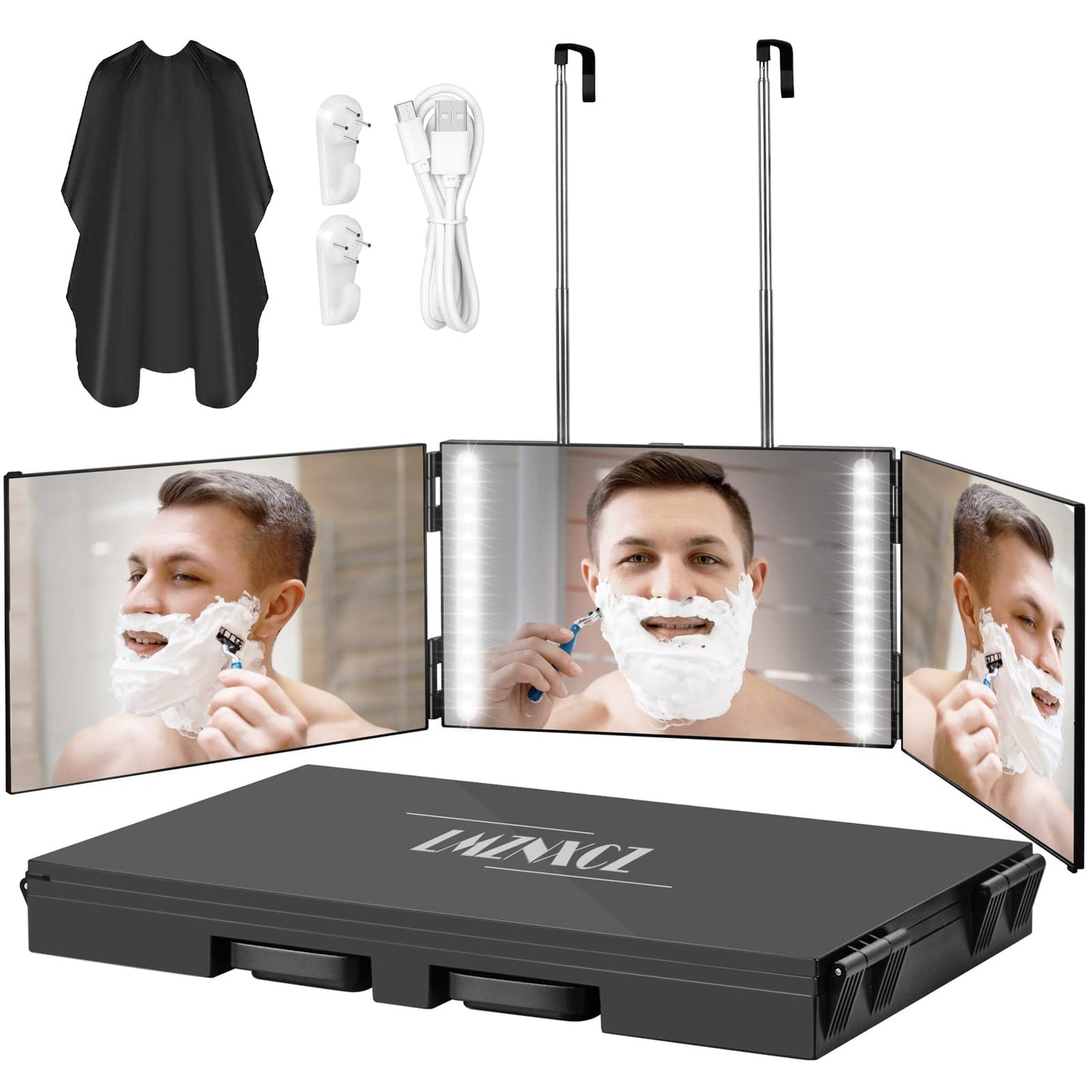 LMZNXCZ LED 3-Way Mirror for Self Hair Cutting | 360° View, Portable Tri-Fold with Telescoping Hooks