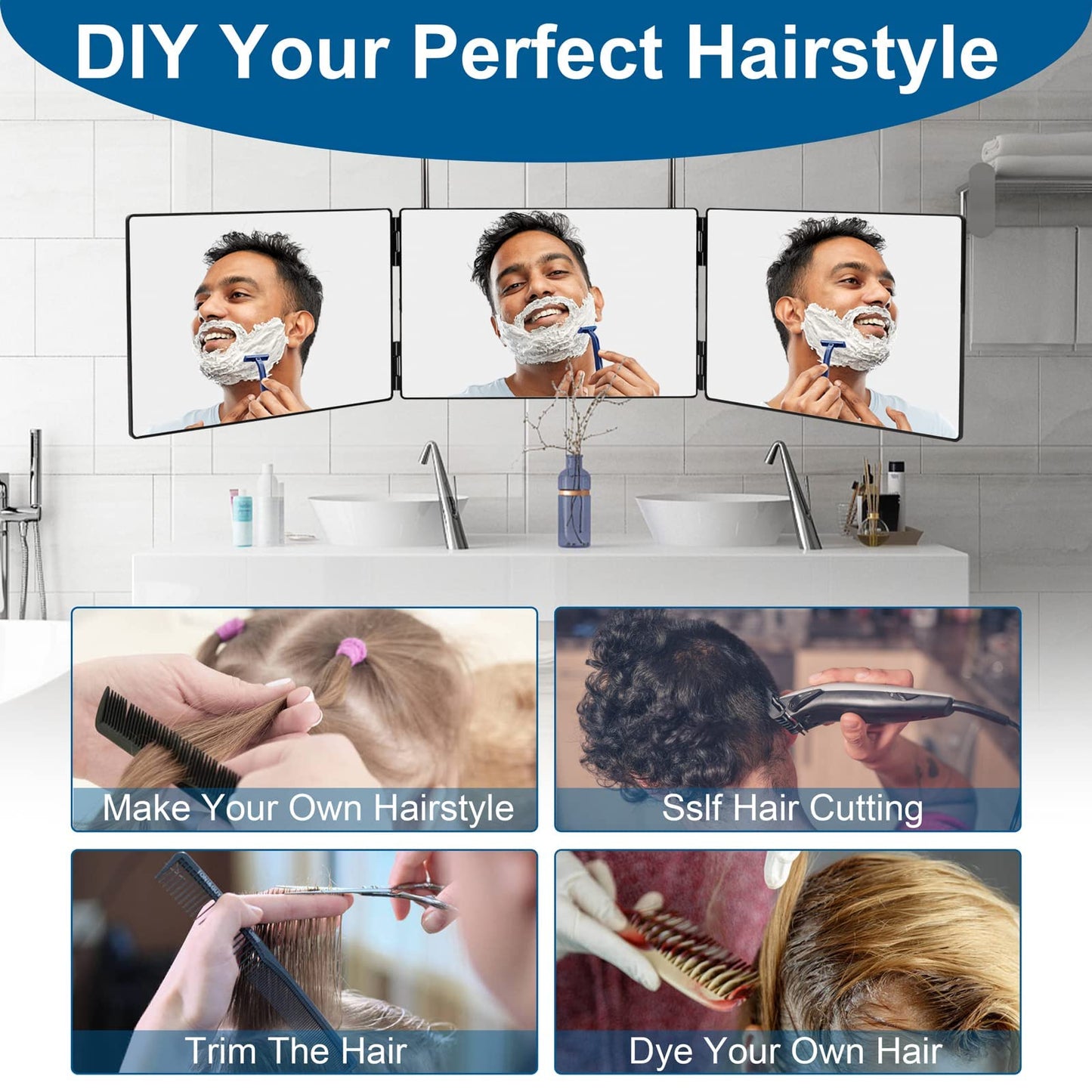 LMZNXCZ LED 3-Way Mirror for Self Hair Cutting | 360° View, Portable Tri-Fold with Telescoping Hooks