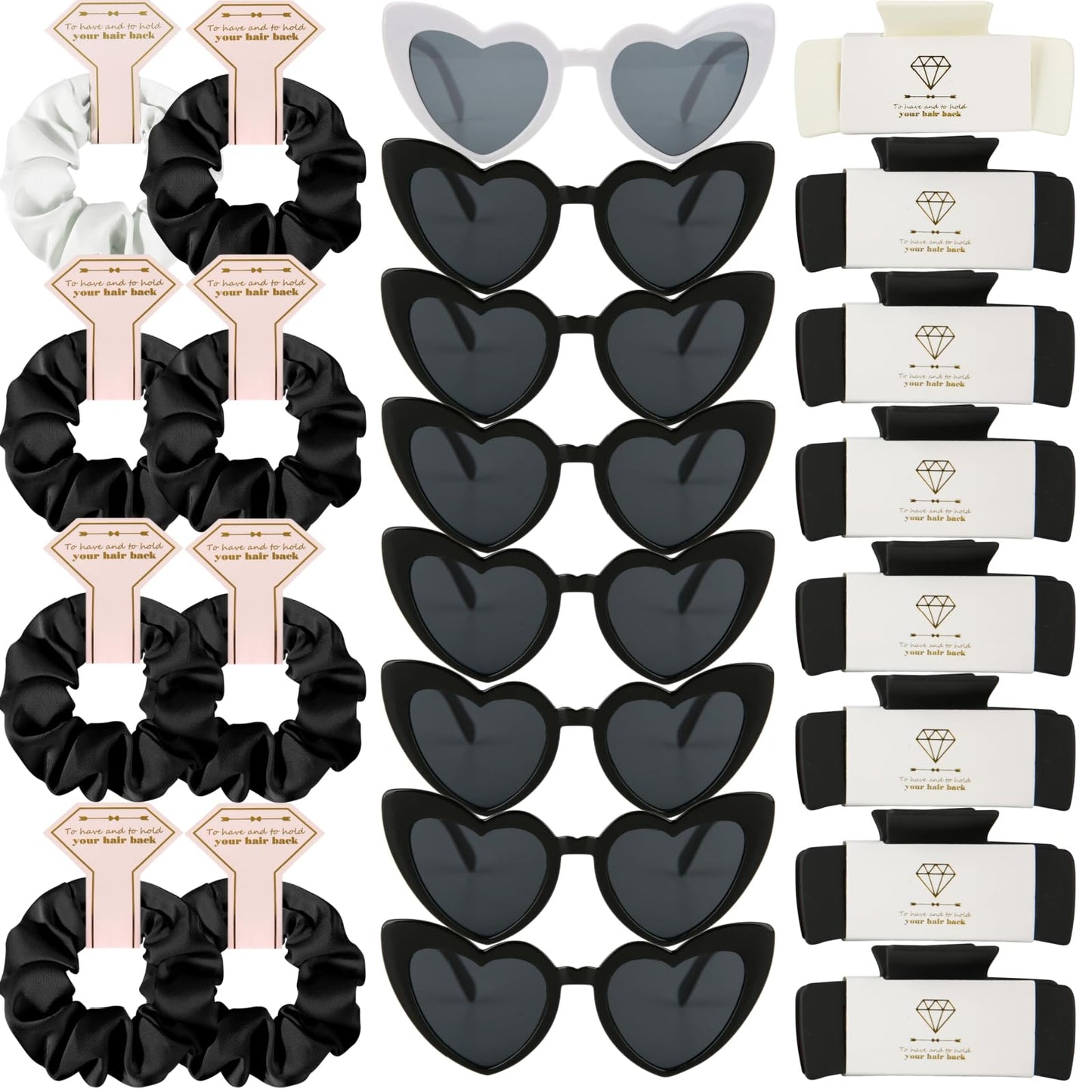 Loanzeg Bridesmaid Scrunchies & Hair Clips Set – 24-Piece White & Black Gift Kit for Bridal Shower and Wedding Parties