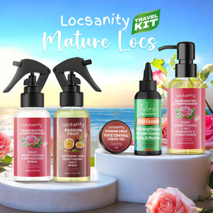 Locsanity Organic Teen Locs Essentials Kit – 2-in-1 Shampoo & Conditioner, Passion Fruit Spray, Hair Oil, Rosewater Peppermint Tightening Gel, Liquid Edge Gel