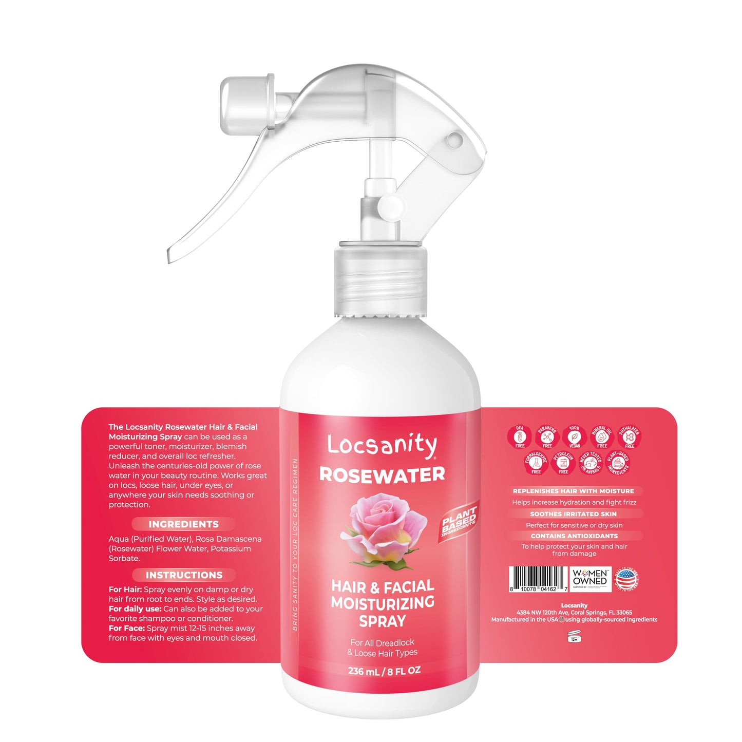 Locsanity Pure Rosewater Spray – 8oz Hydrating Rosewater Mist for Skin & Locs