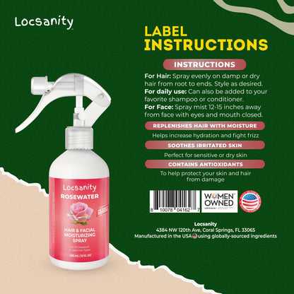 Locsanity Pure Rosewater Spray – 8oz Hydrating Rosewater Mist for Skin & Locs