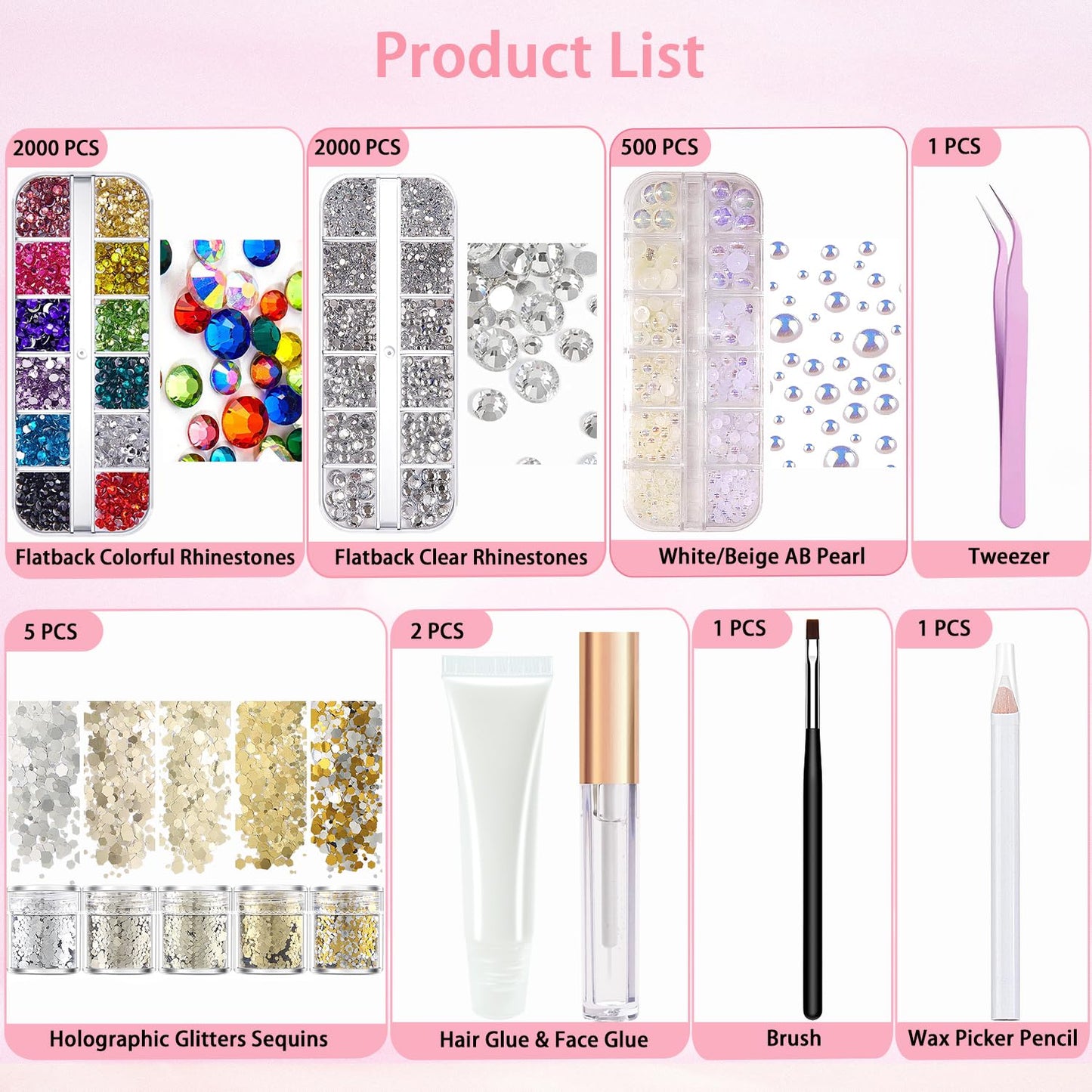 LOIKMIUP Hair & Face Gems Kit with Glue, Pearls, Glitter & Tools