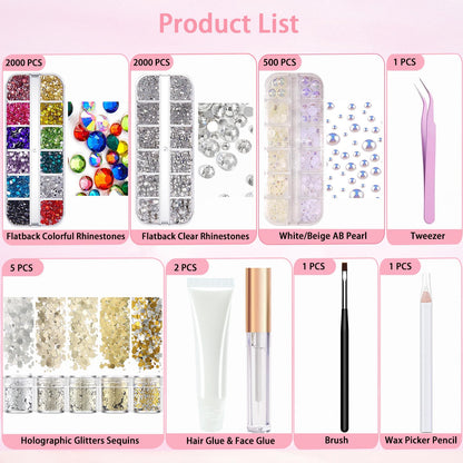 LOIKMIUP Hair & Face Gems Kit with Glue, Pearls, Glitter & Tools