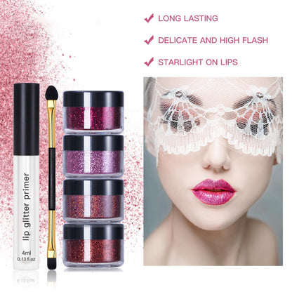 LOKFAR 4 Colors Glitter Lip Kit – Waterproof, Long-Lasting Shimmer Lip Powder & Primer Set (Set A Warm Color)