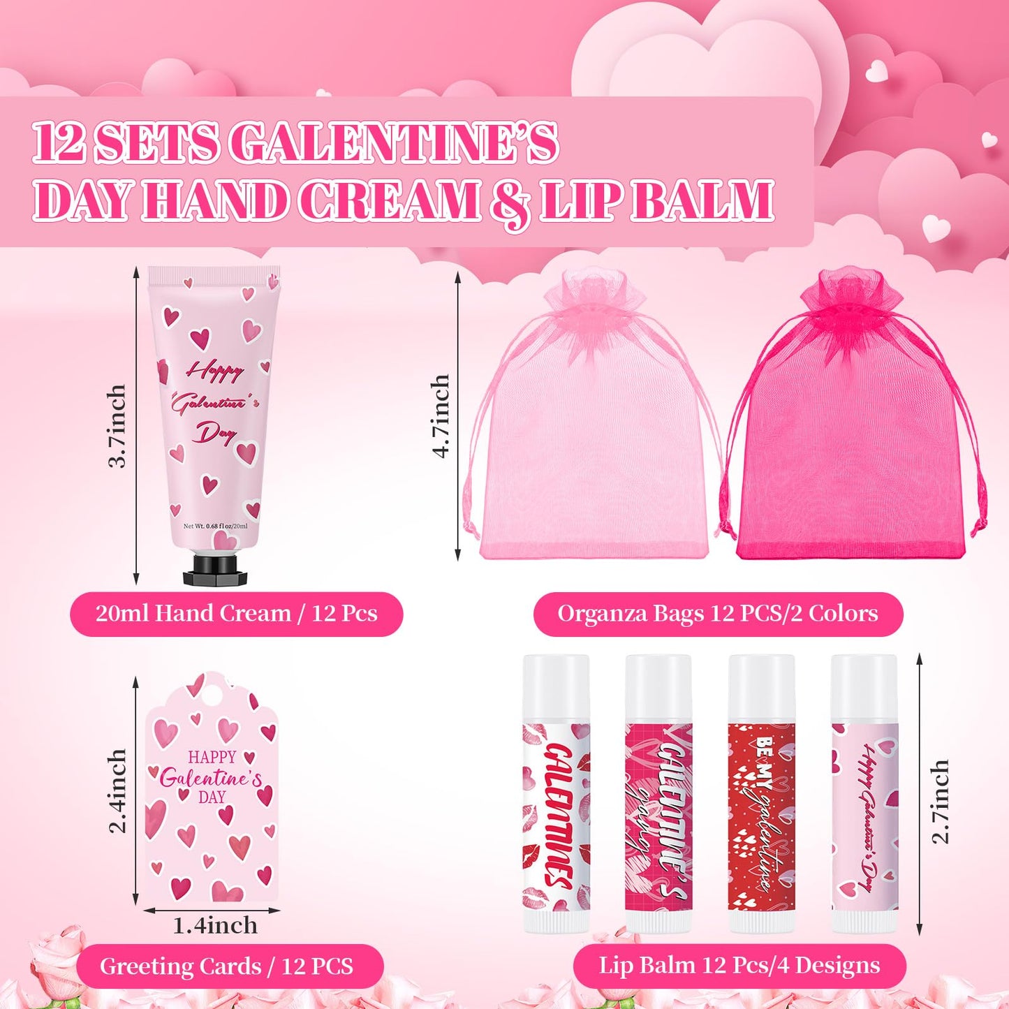 Loopeer 12-Piece Galentine's Day Hand Cream & Lip Balm Gift Set | Bulk Gifts with Cards & Organza Bags