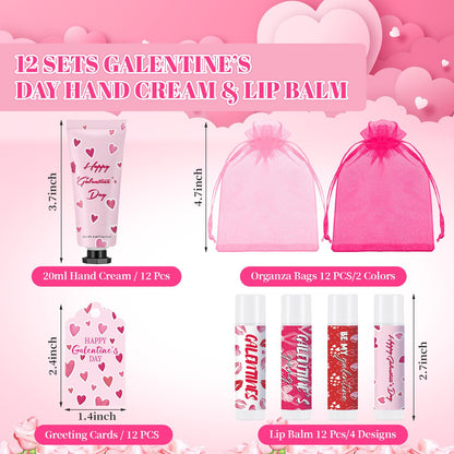 Loopeer 12-Piece Galentine's Day Hand Cream & Lip Balm Gift Set | Bulk Gifts with Cards & Organza Bags