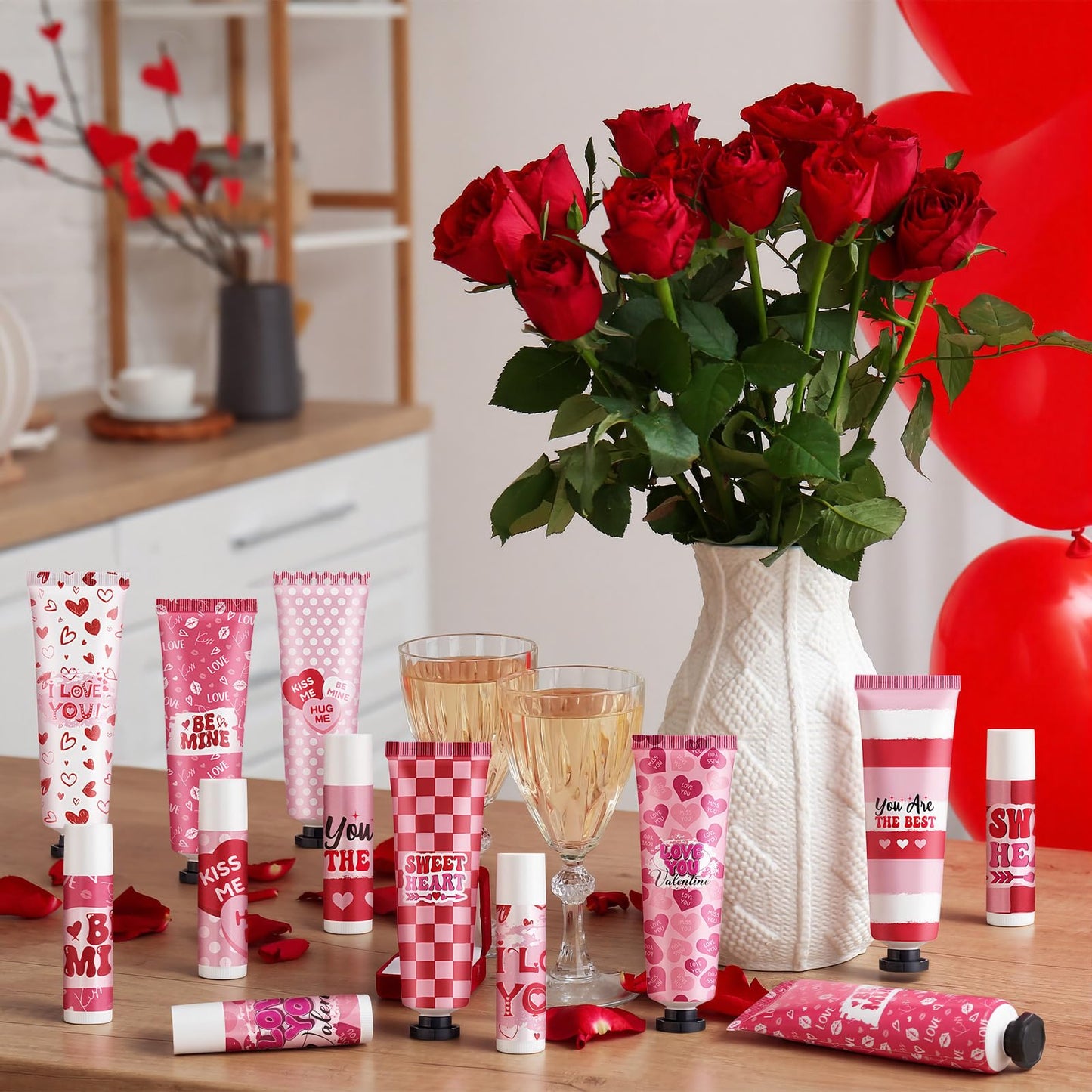 Loopeer 12-Set Valentine Hand Cream & Lip Balm Gifts | Bulk Galentine's Day & Valentine Party Favors