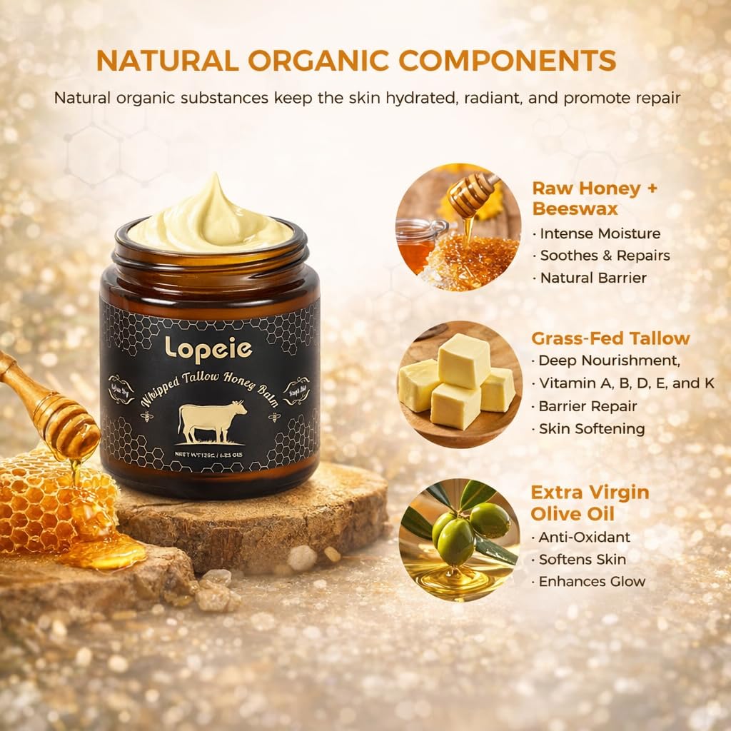 Lopeie Upgraded Organic Tallow Balm | Whipped Beef Tallow with Honey & Lavender for Dry, Sensitive Skin