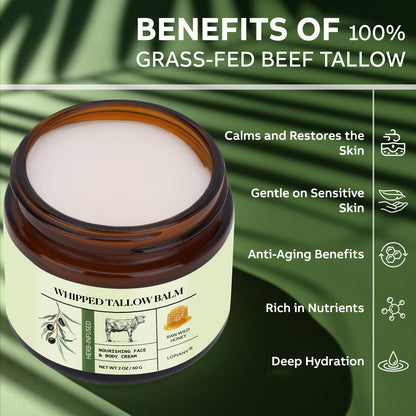 LOPIANY Whipped Beef Tallow for Skin – Grass-Fed Tallow & Honey Balm for Face & Body