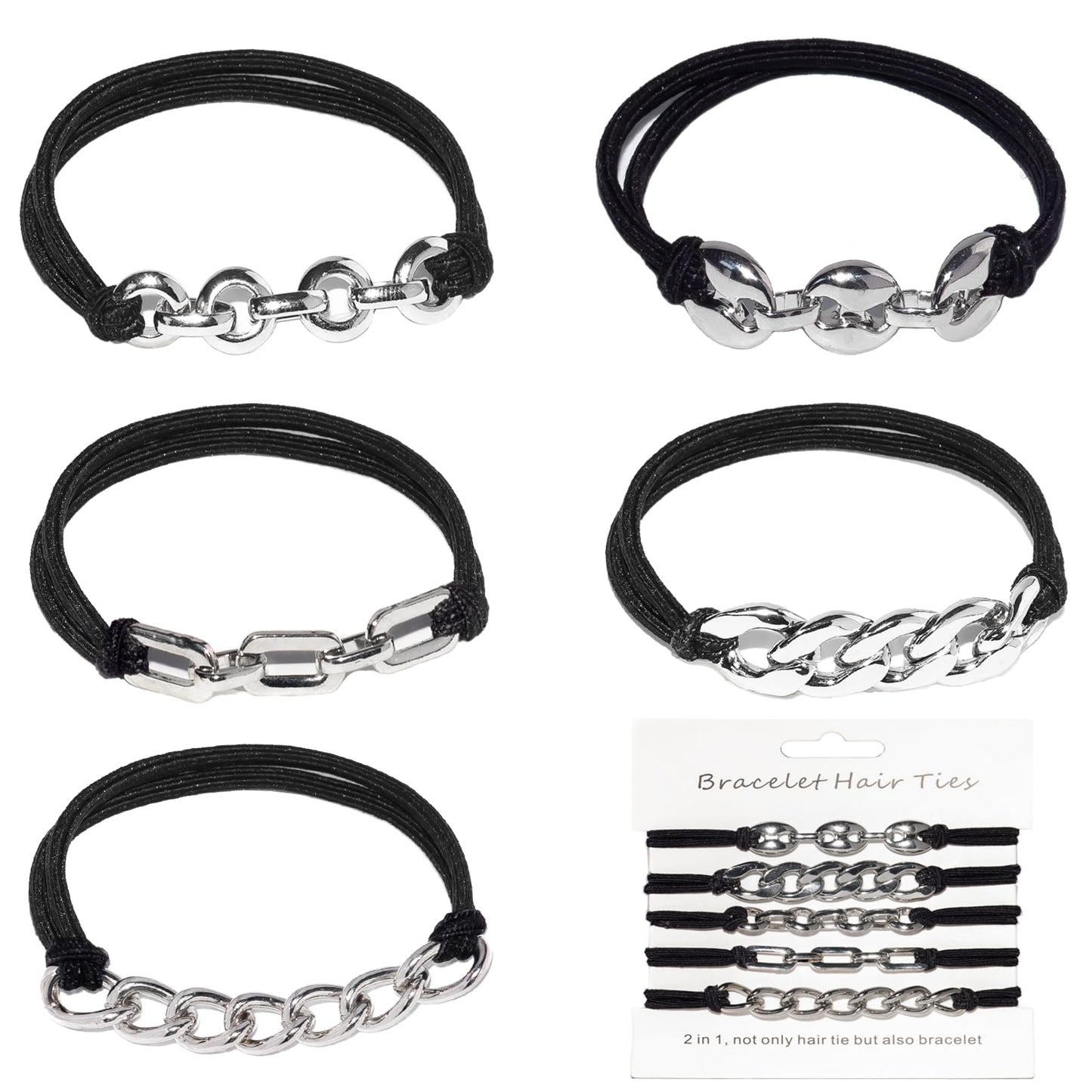 Loqpol Gold Bracelet Hair Ties – 5PCS 2-in-1 Elastic Scrunchies with Metal Beads (No-Damage Ponytail Holders) – Gift Set for Women & Girls (Black & Silver)