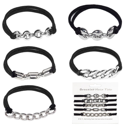 Loqpol Gold Bracelet Hair Ties – 5PCS 2-in-1 Elastic Scrunchies with Metal Beads (No-Damage Ponytail Holders) – Gift Set for Women & Girls (Black & Silver)