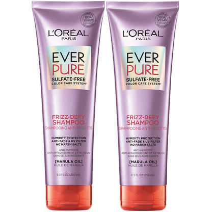 L'Oreal Paris EverPure Frizz-Defy Shampoo with Marula Oil – Sulfate Free, Color-Safe, Humidity Protection (2 Count, 8.5 Fl Oz Each)