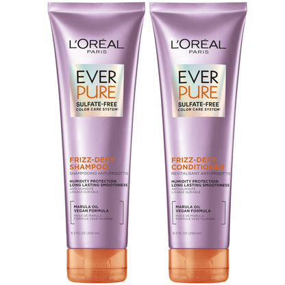 L'Oreal Paris Frizz Defy Shampoo & Conditioner Set with Marula Oil - EverPure, 8.5 Fl Oz, Set of 2 | Frizz Control & Color Safe