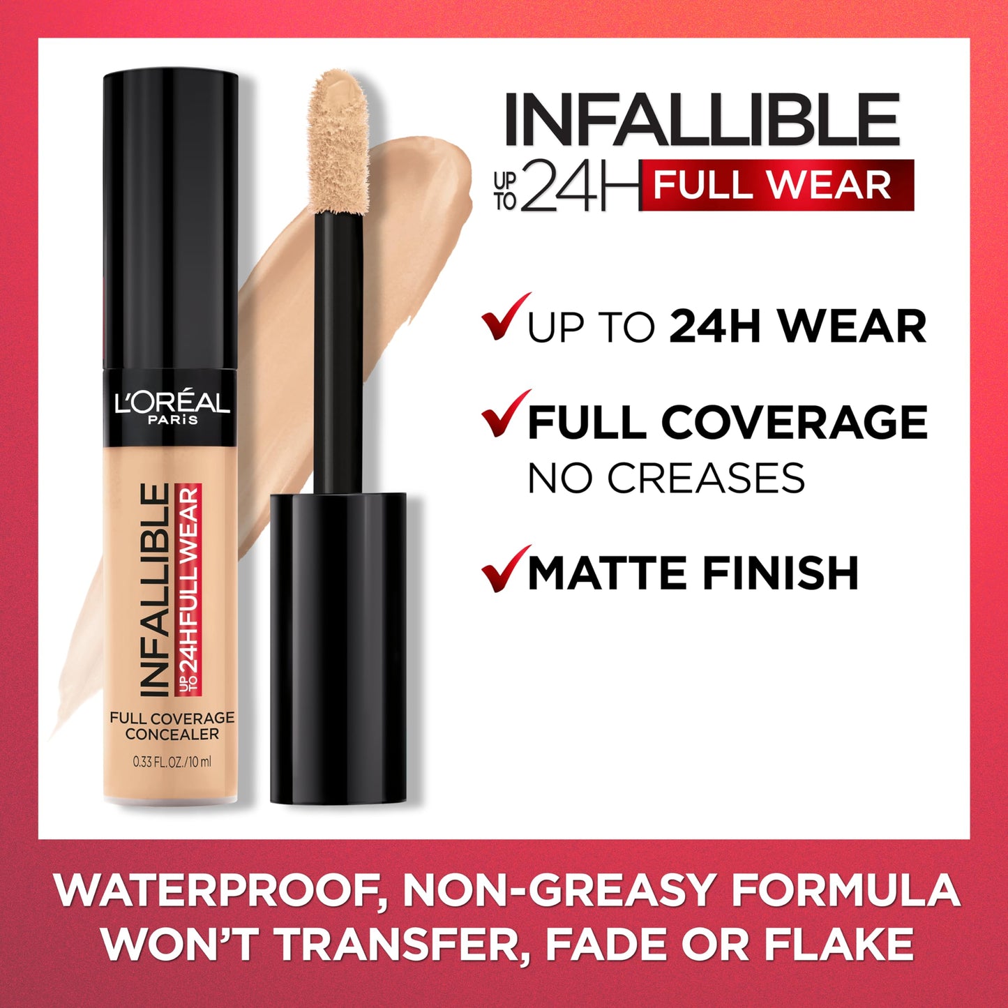 L'Oréal Paris Infallible Full Wear Waterproof Matte Concealer – Full Coverage, Oatmeal, 0.33 oz