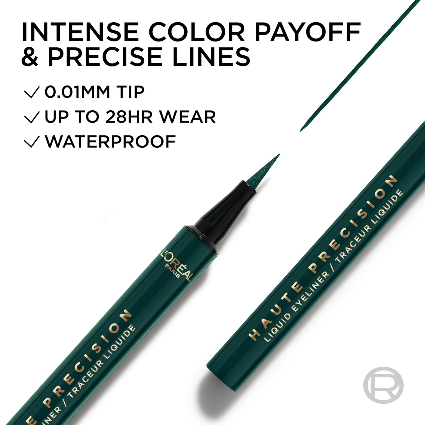 L'Oreal Paris Haute Precision Waterproof Liquid Eyeliner – 040 Green Velvet, 28HR Wear, Micro-Tip