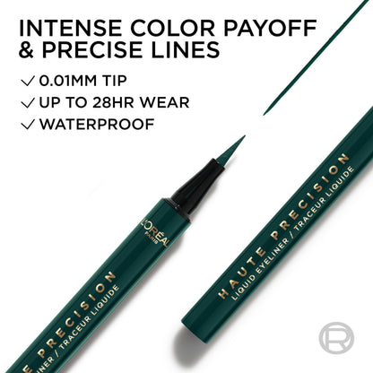 L'Oreal Paris Haute Precision Waterproof Liquid Eyeliner – 040 Green Velvet, 28HR Wear, Micro-Tip