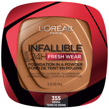 L'Oreal Paris Infallible Fresh Wear Foundation in a Powder – Up to 24H Matte, Waterproof, Sienna 0.31 oz